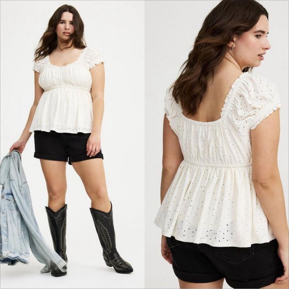 Torrid Cap Sleeve Babydoll Top Size 4X NWT Eyelet Milkmaid Whisper White